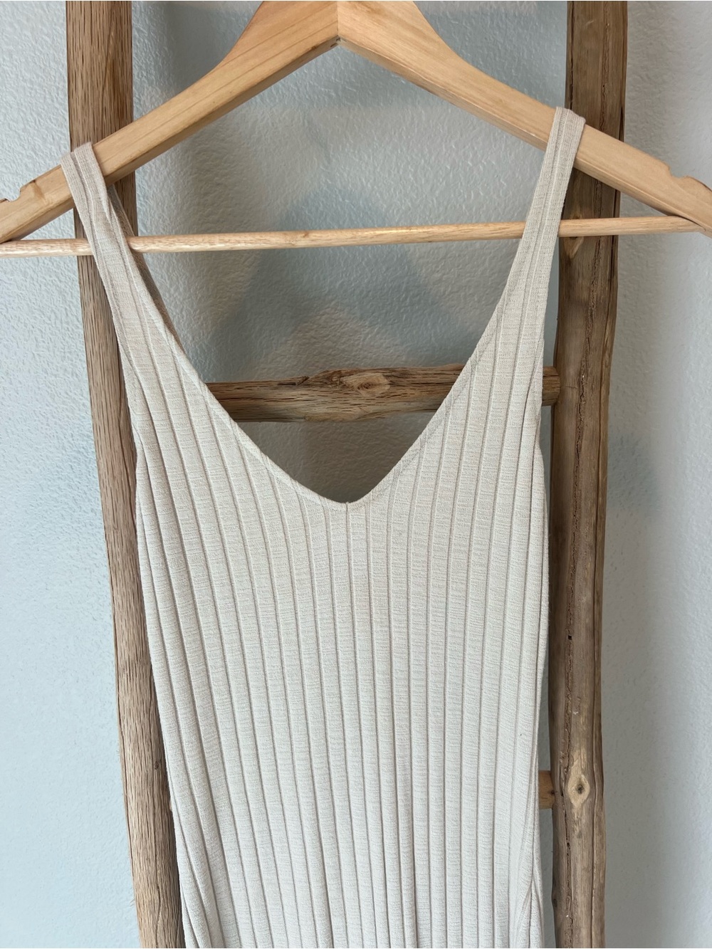 Zara Cream Ribbed V-Neck Midi Dress